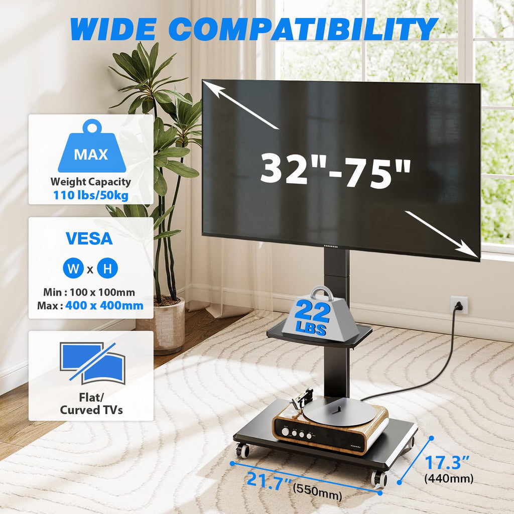 Black Mobile TV Stand 32-75 Inch with Power Outlet and Shelf O9764