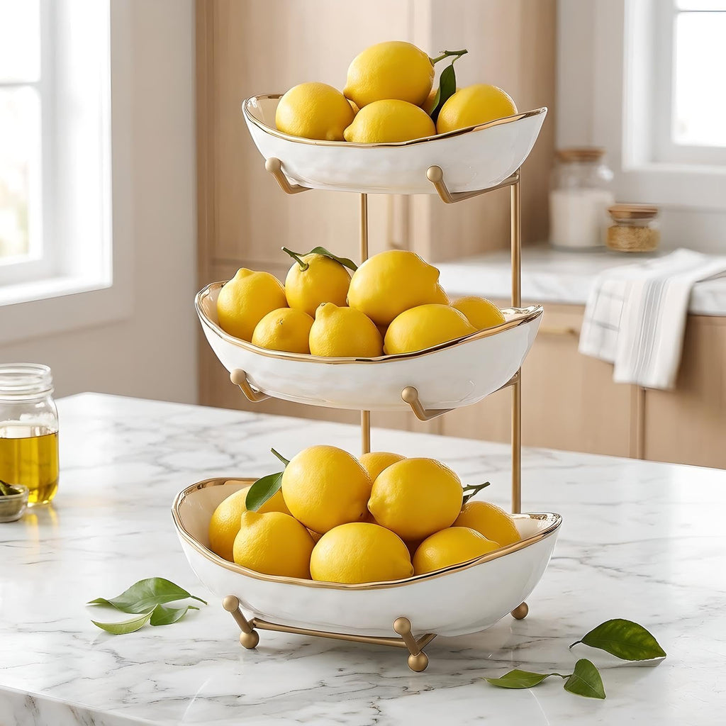 White 3 Tier Ceramic Fruit Bowl with Metal Holder A470580
