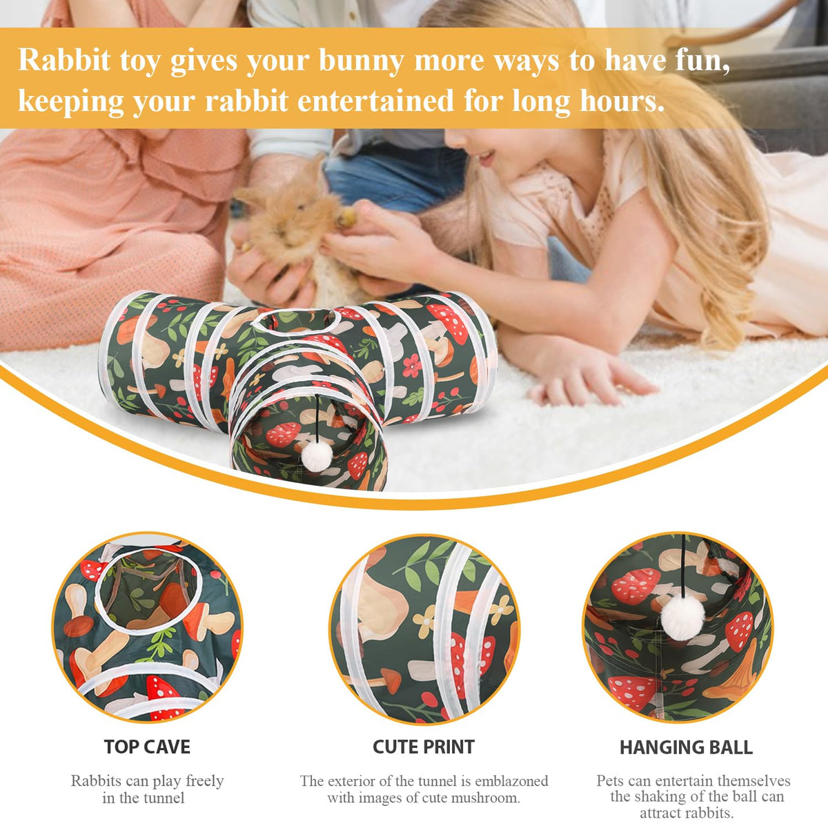 Collapsible 3 Way Rabbit Tunnel with Chew Toy B6607