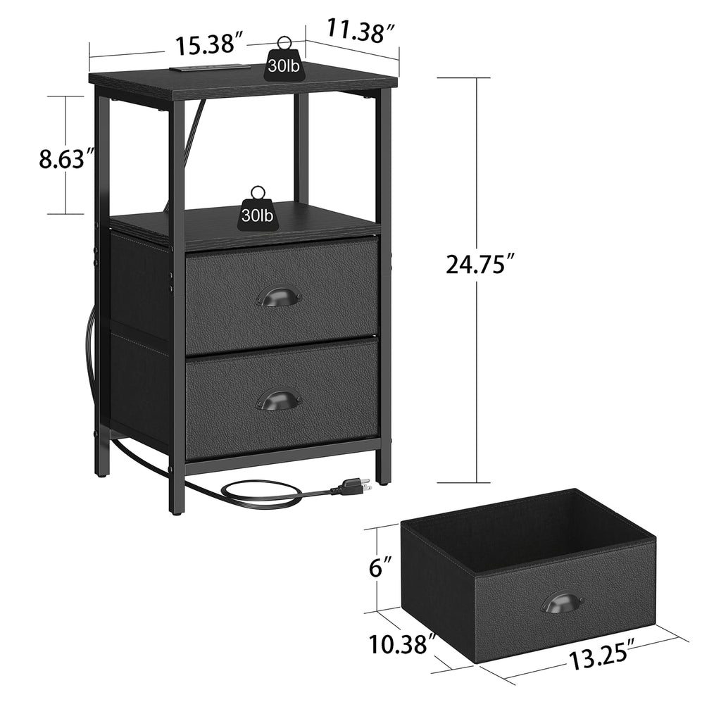 Black Nightstand with Charging Station and 2 Fabric Drawers R396214