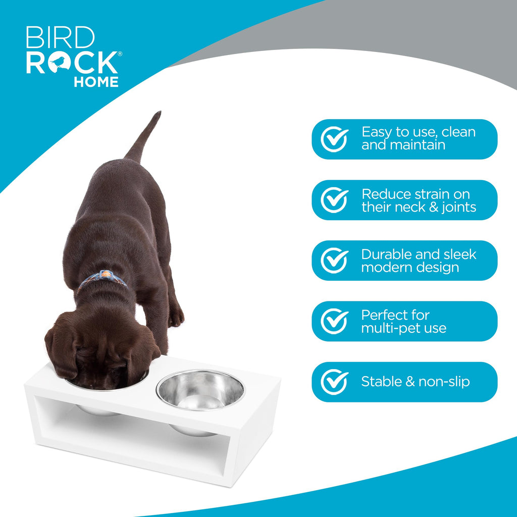 White Double Raised Pet Feeder with Stainless Steel Bowls I568089