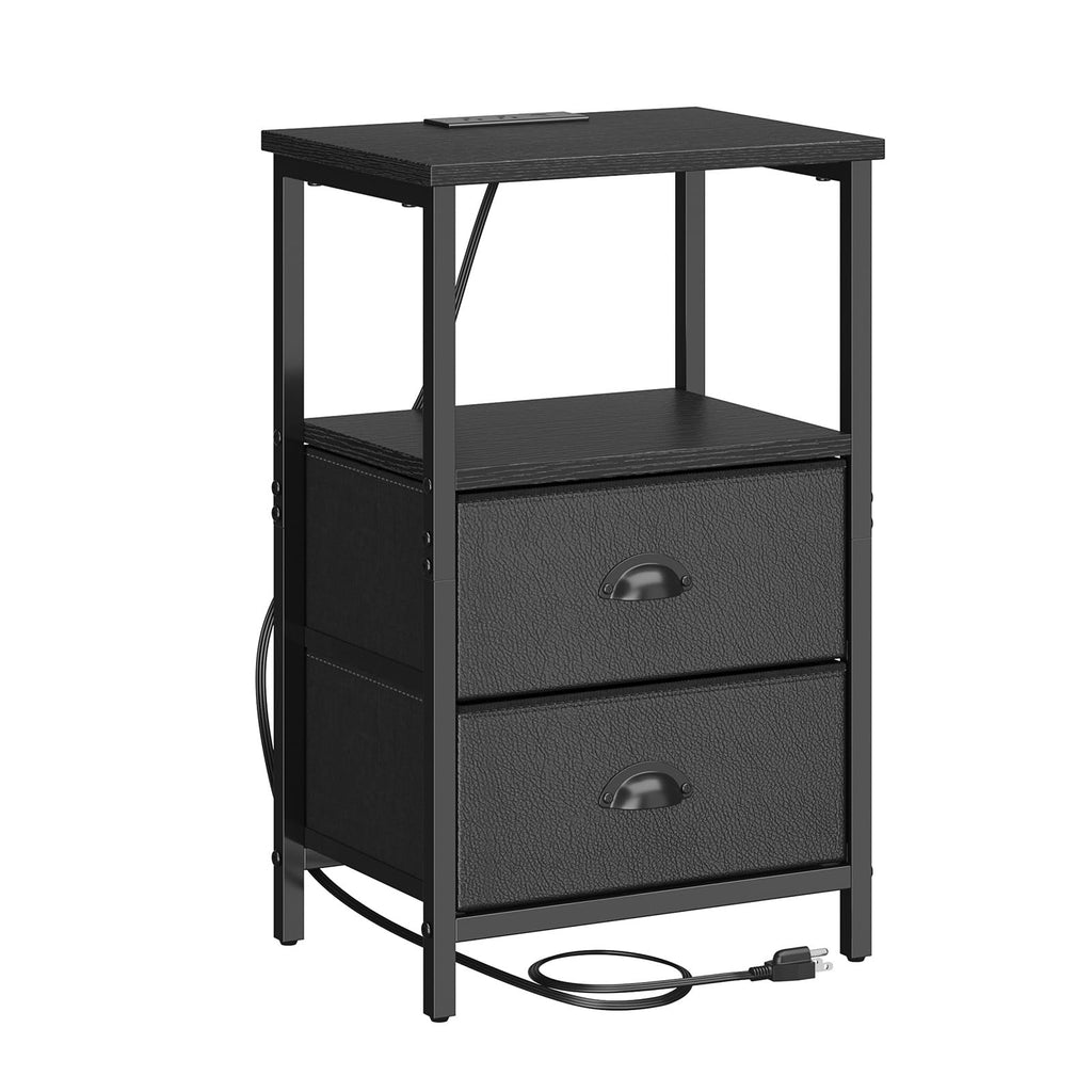 Black Nightstand with Charging Station and 2 Fabric Drawers R396214