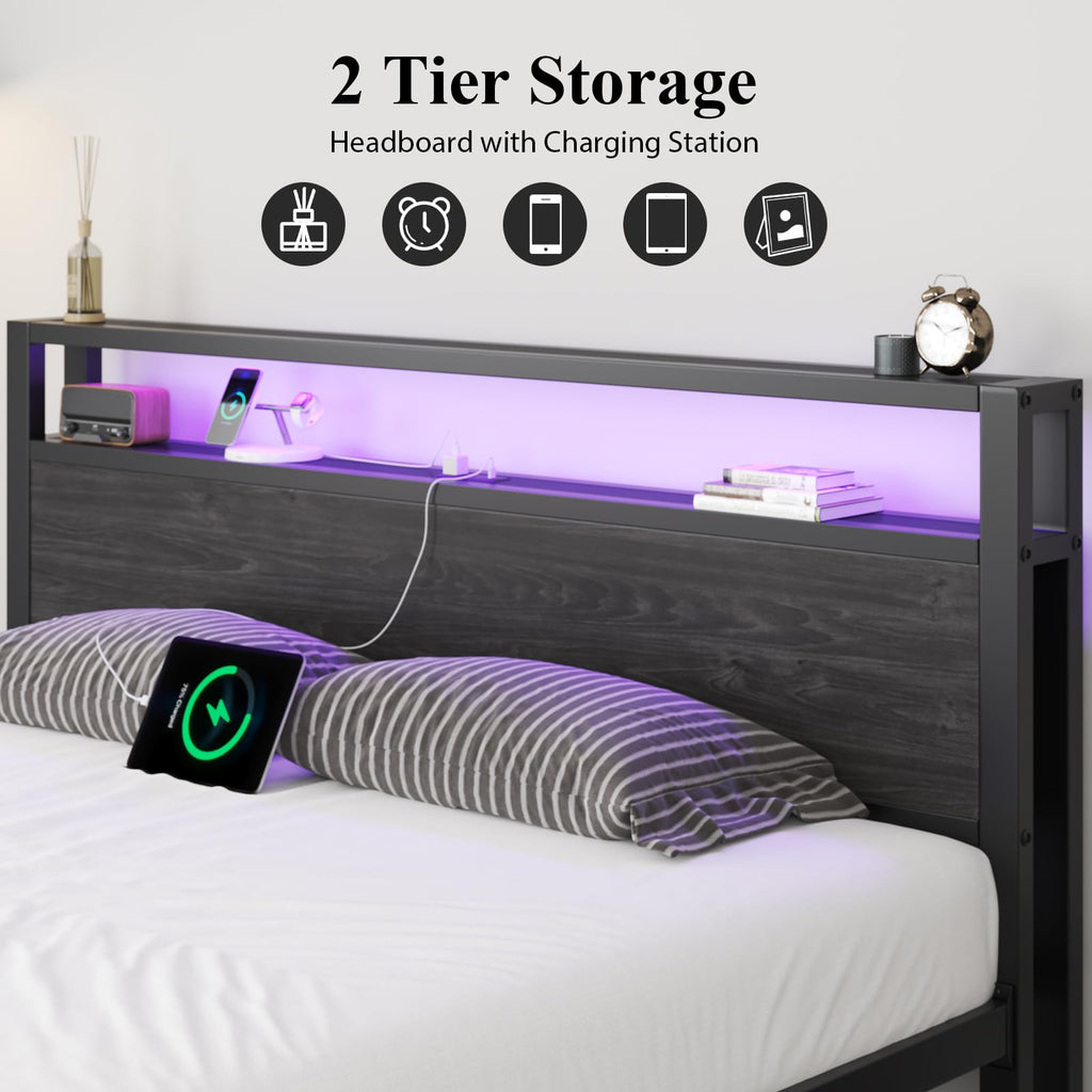 Full Size Bed Frame with Storage Headboard and LED Lights U314