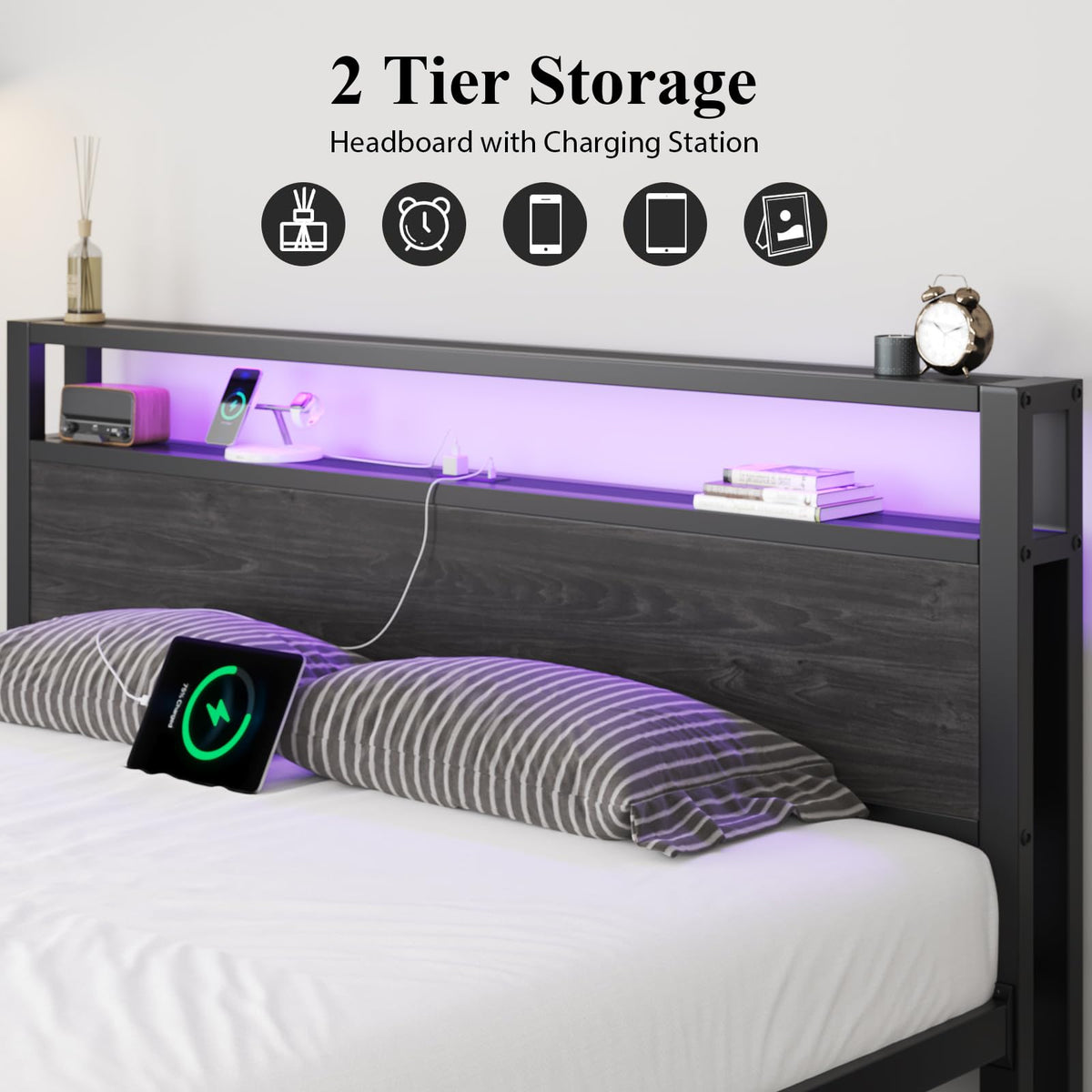 Full Size Bed Frame with Storage Headboard and LED Lights U314
