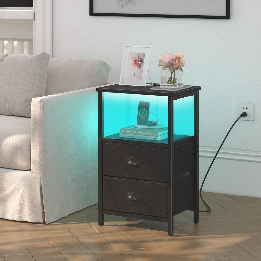 Black Nightstand with Charging Station and 2 Fabric Drawers R396214