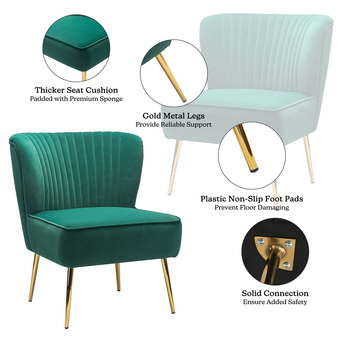 Velvet Accent Chair Set of 2 Emerald Green Wingback Armless Slipper Chair D921207