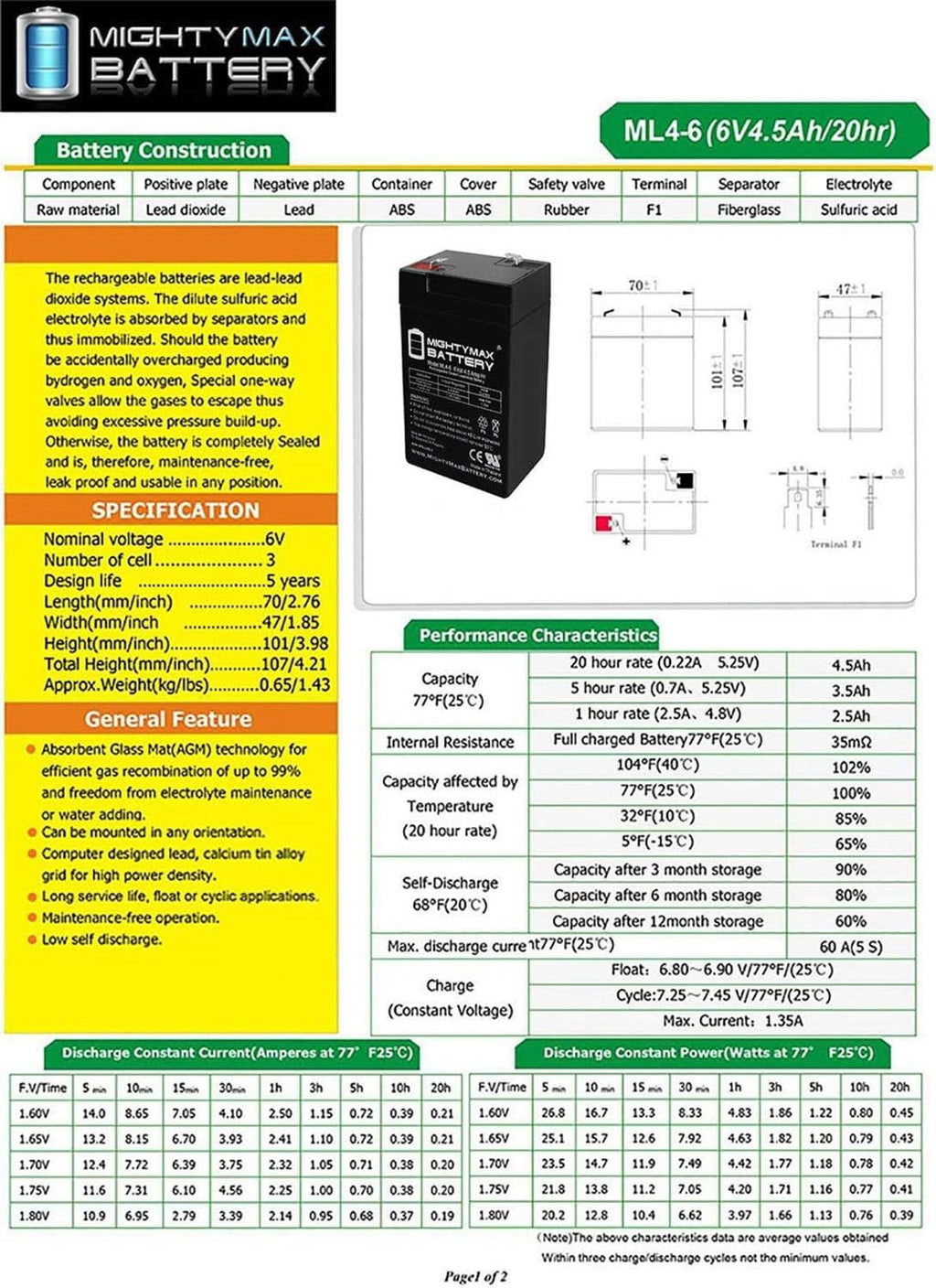 6V 4.5AH SLA Replacement Battery M368