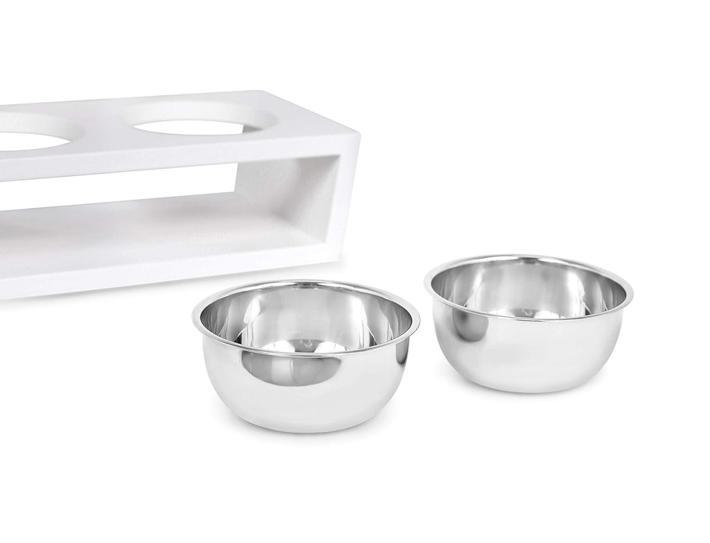 White Double Raised Pet Feeder with Stainless Steel Bowls I568089
