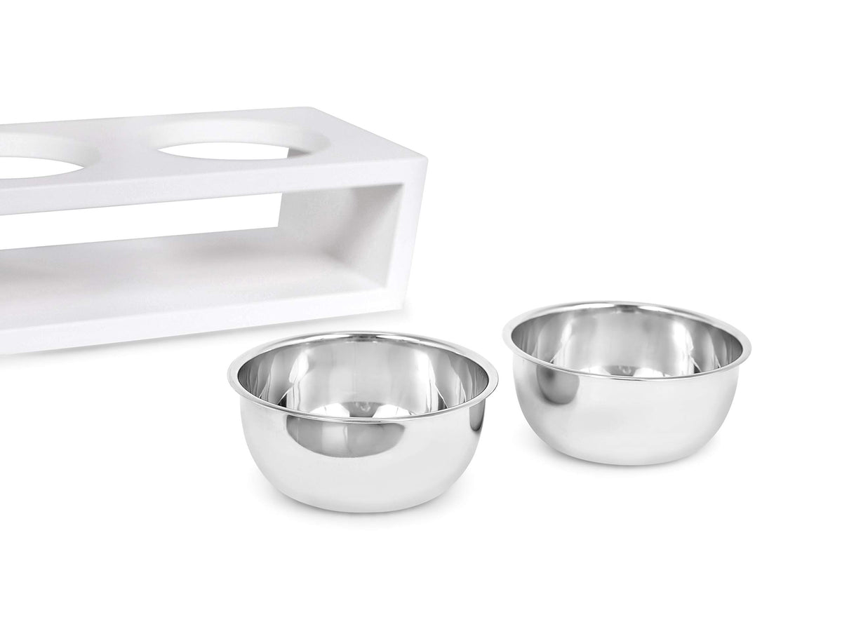 White Double Raised Pet Feeder with Stainless Steel Bowls I568089