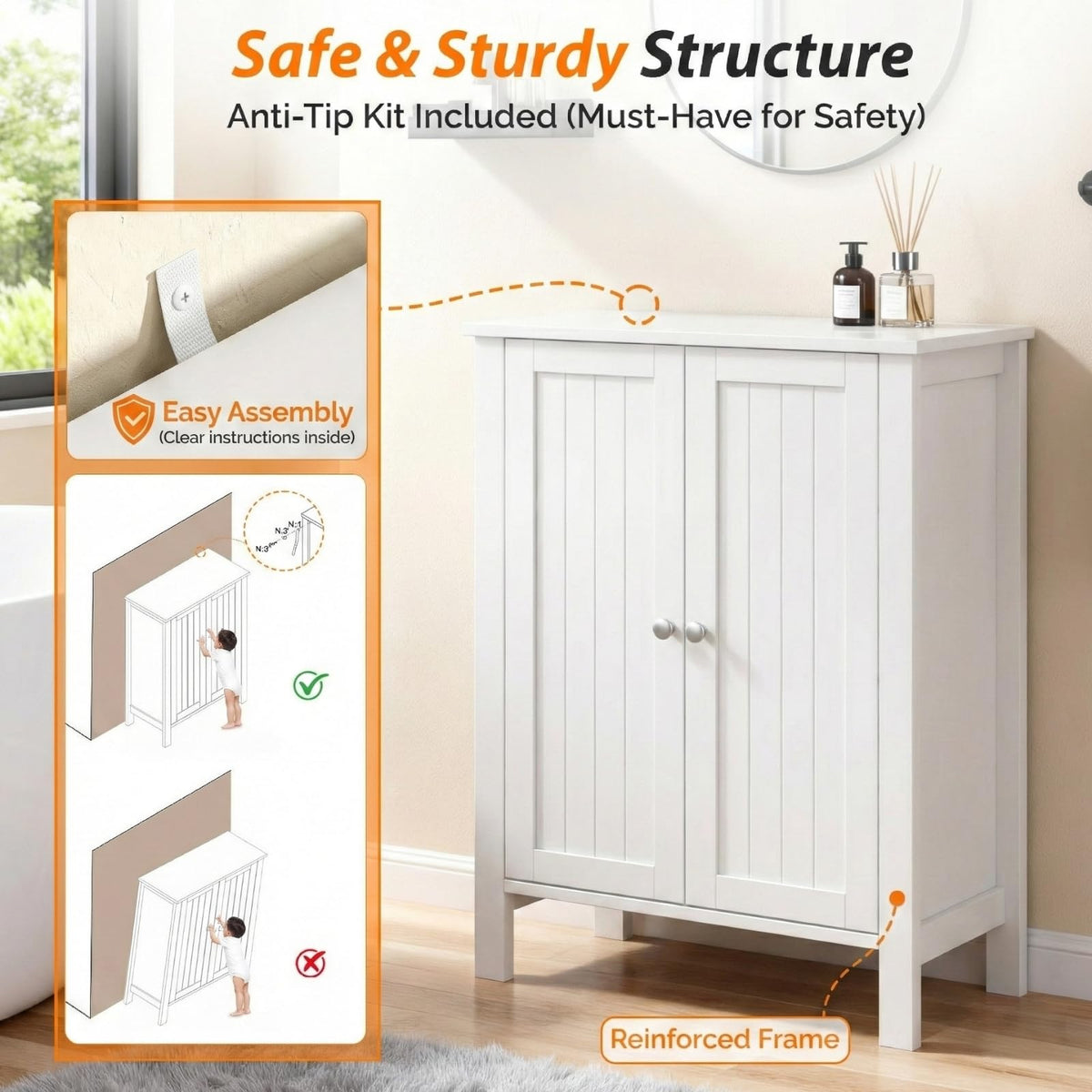 White Free Standing Bathroom Cabinet with Adjustable Shelf C33306