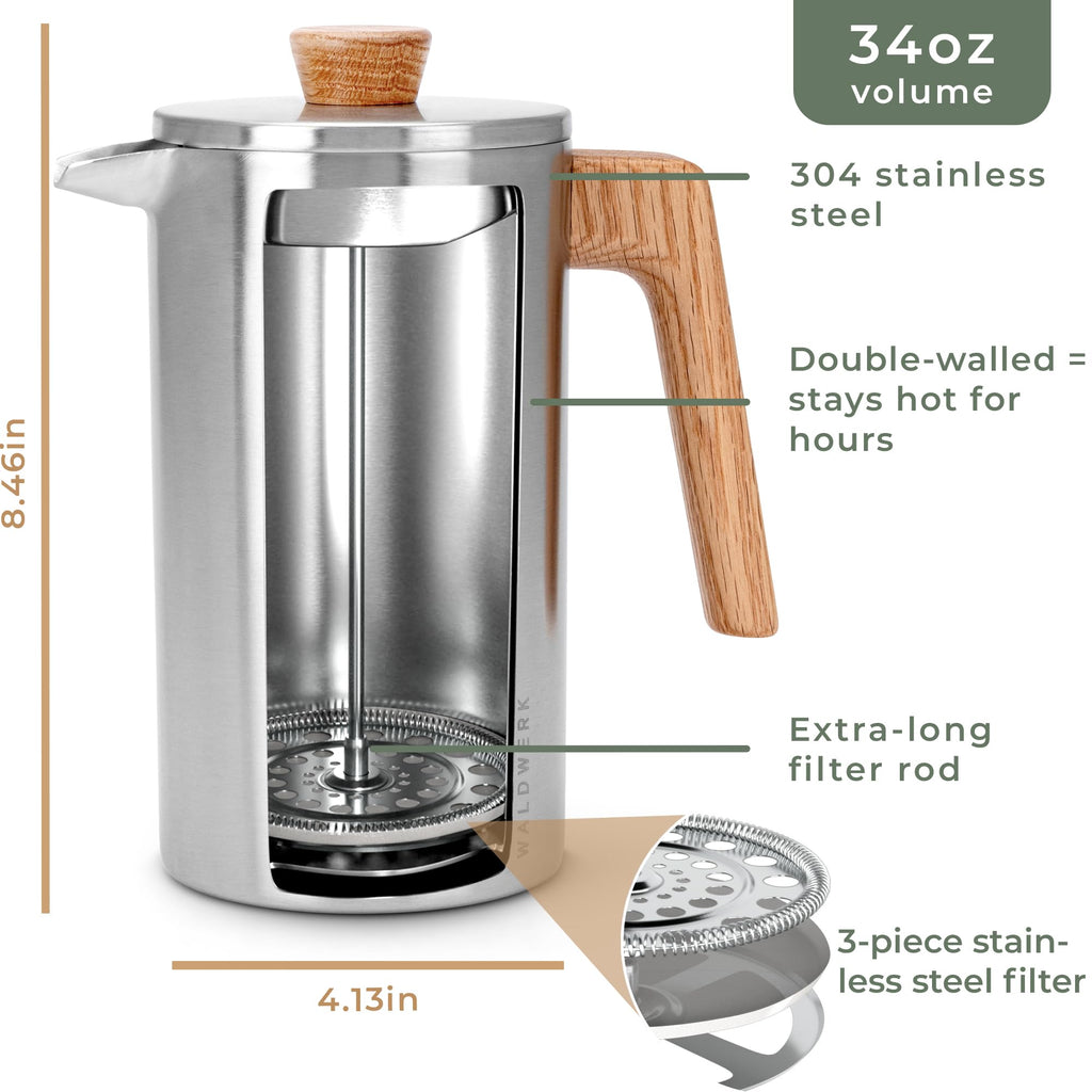 34 oz Stainless Steel Double Wall French Press E2462
