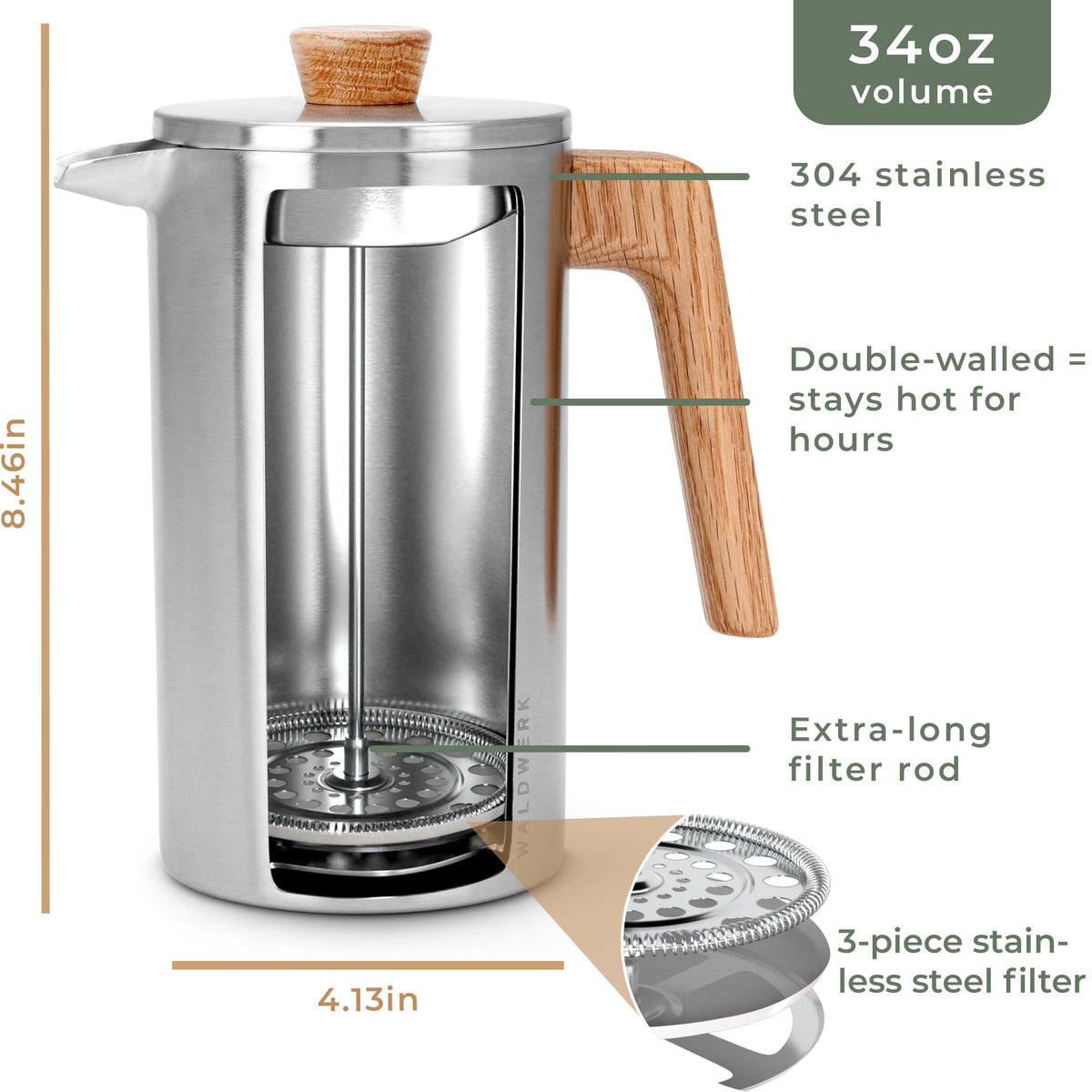 34 oz Stainless Steel Double Wall French Press E2462