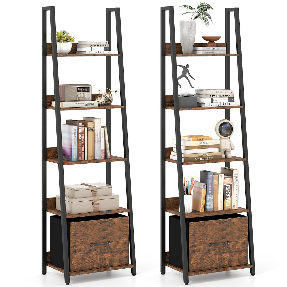5-Tier Ladder Bookshelf Set of 2 Fabric Drawer M5525