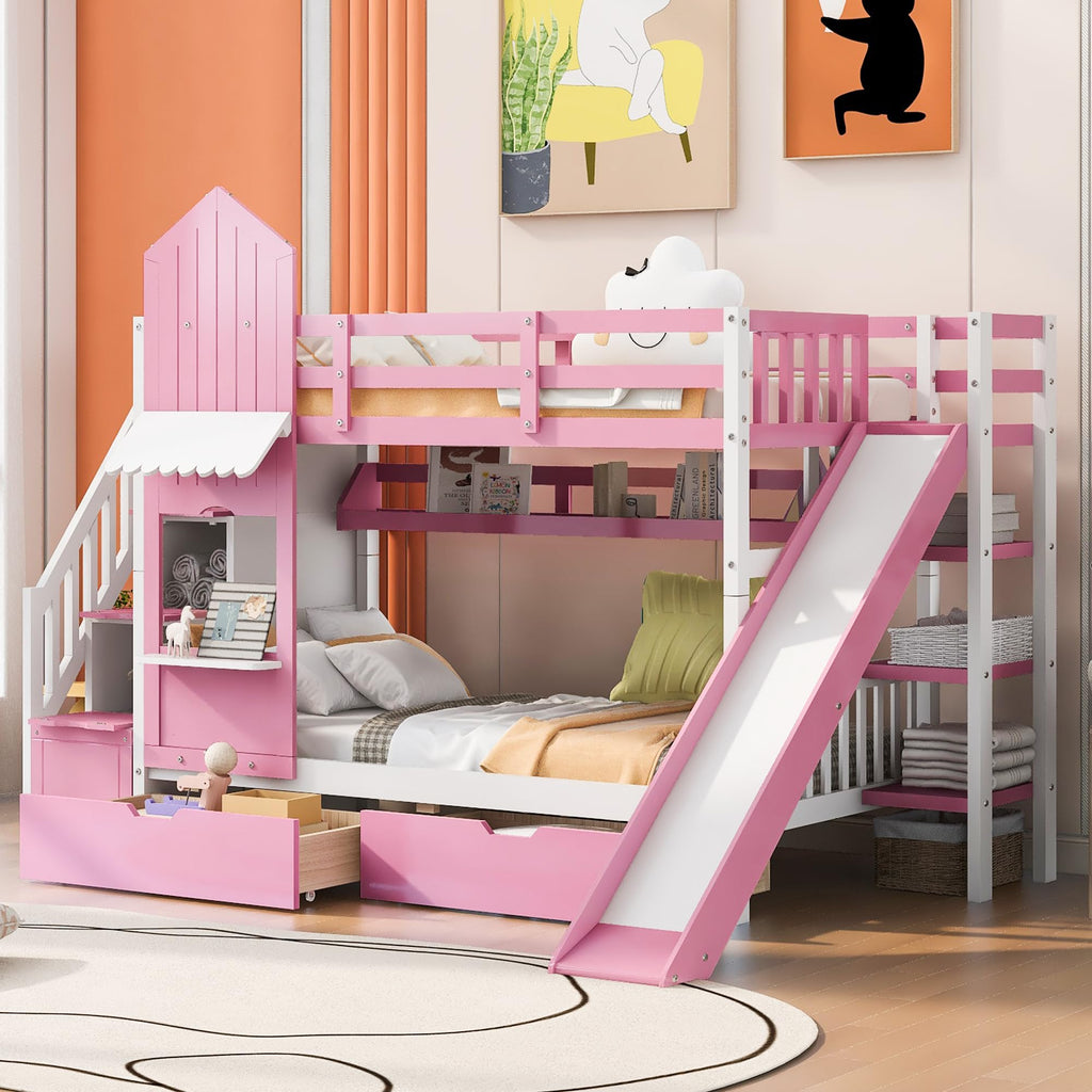 Twin Over Twin Bunk Bed with Slide, 2 Drawers & 3 Shelves S5544