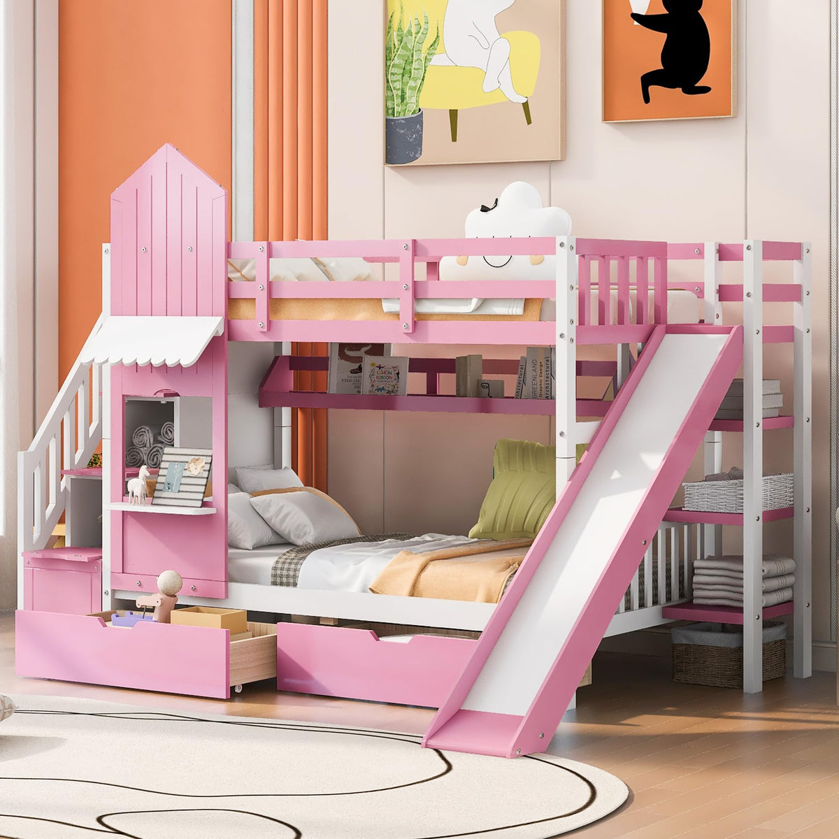 Twin Over Twin Bunk Bed with Slide, 2 Drawers & 3 Shelves S5544