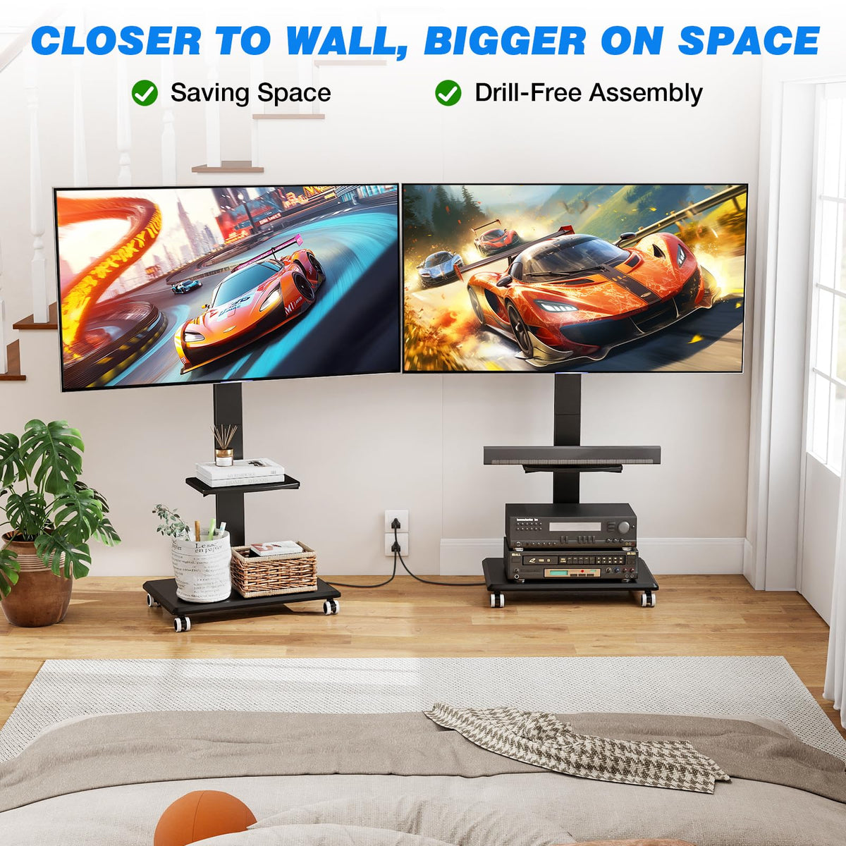 Black Mobile TV Stand 32-75 Inch with Power Outlet and Shelf O9764