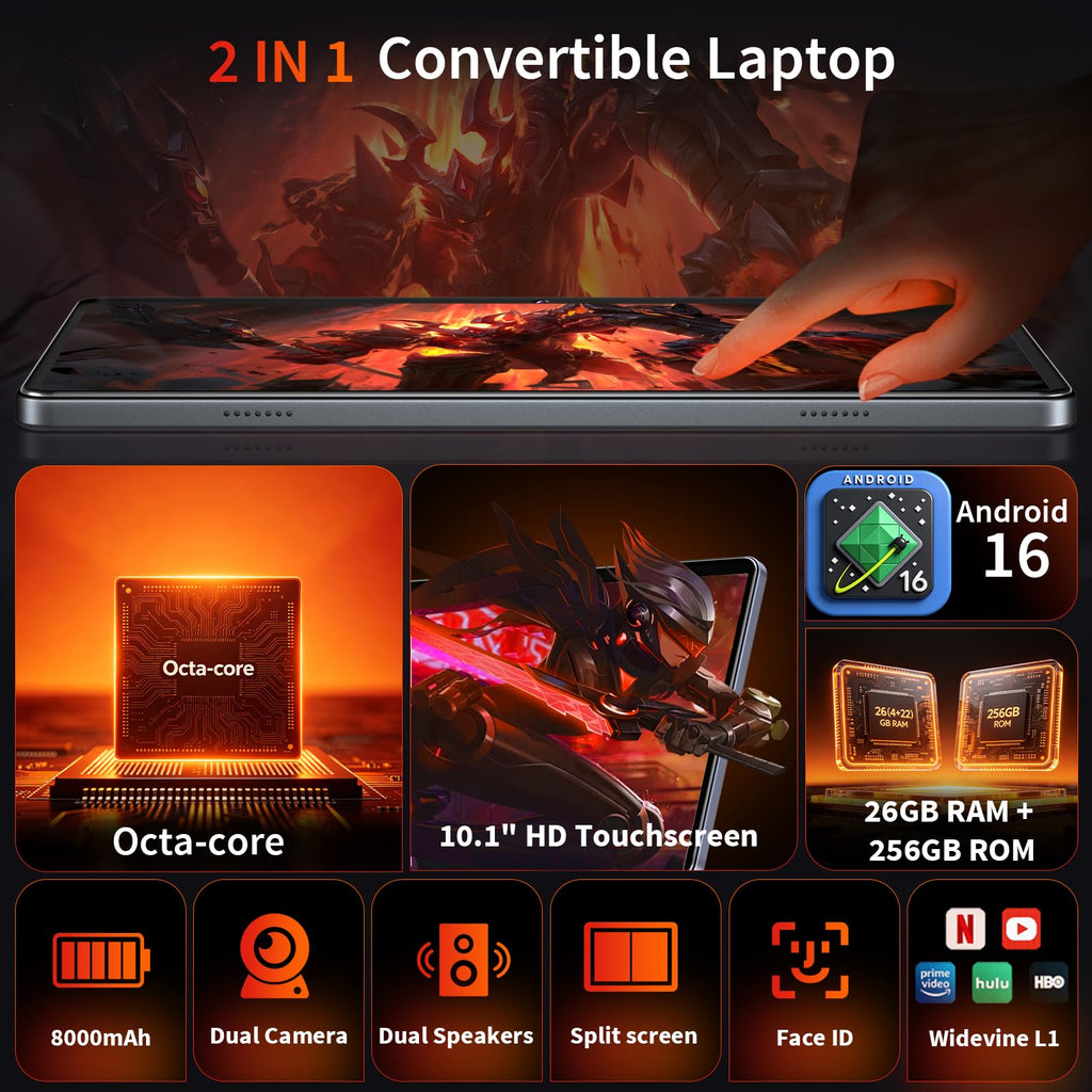 Black Android 16 Tablet with Keyboard D8301