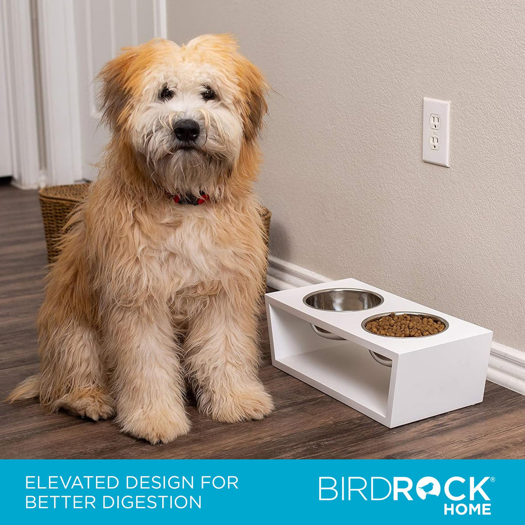 White Double Raised Pet Feeder with Stainless Steel Bowls I568089