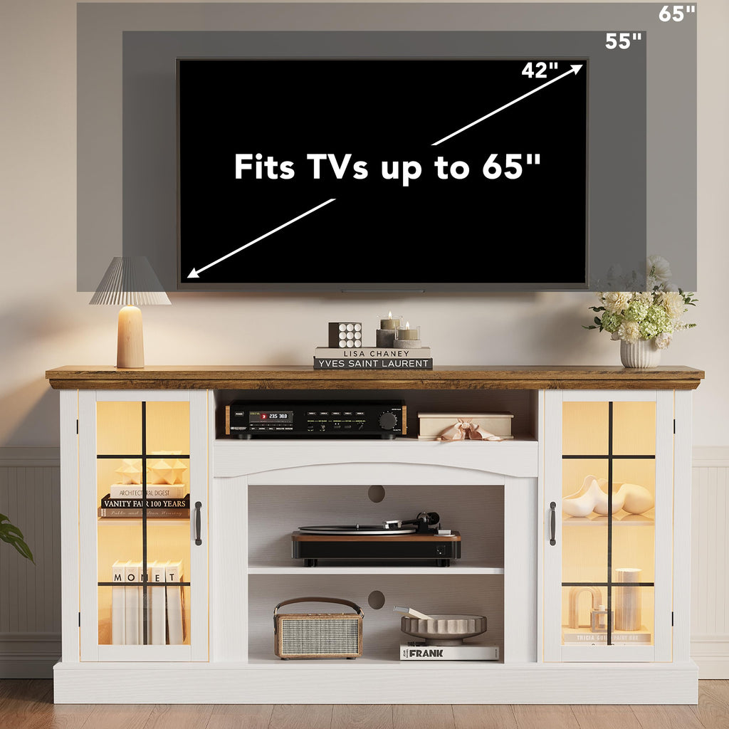 58" White TV Stand with Glass Door Storage Cabinet R6120