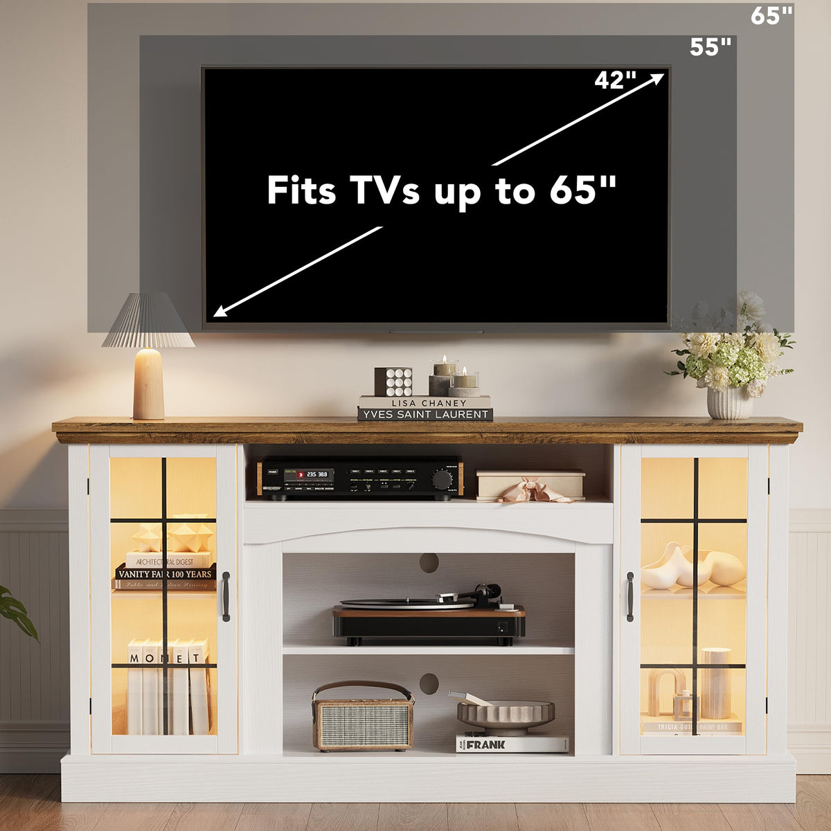 58" White TV Stand with Glass Door Storage Cabinet R6120