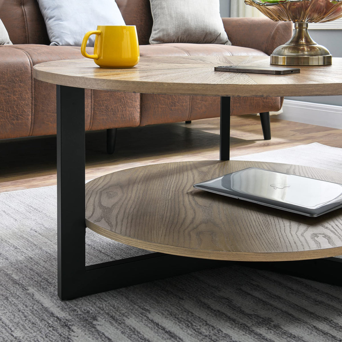 33.5" Round 2-Tier Wood Coffee Table with Storage T836