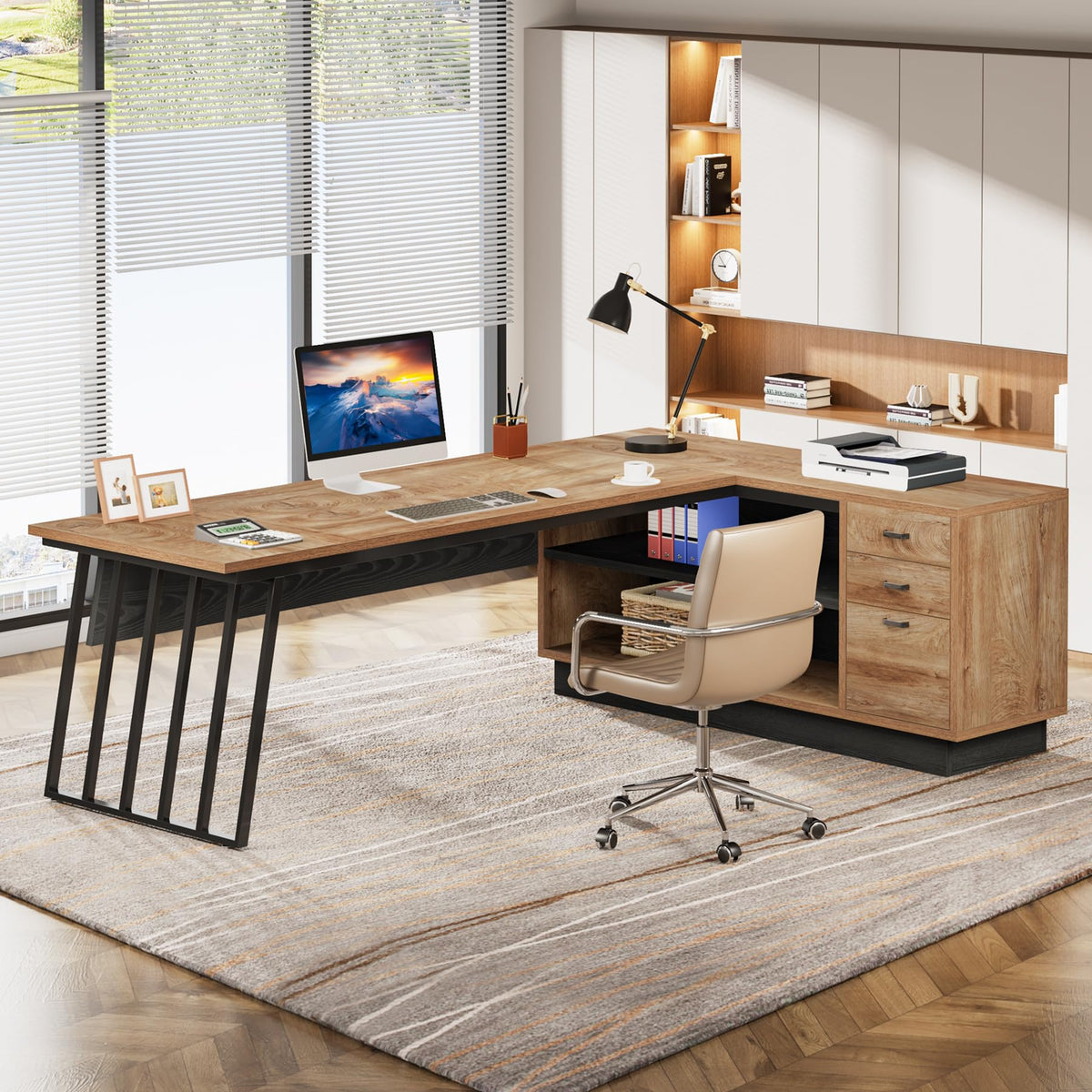 71-Inch L-Shaped Executive Desk with Cabinet Z86443