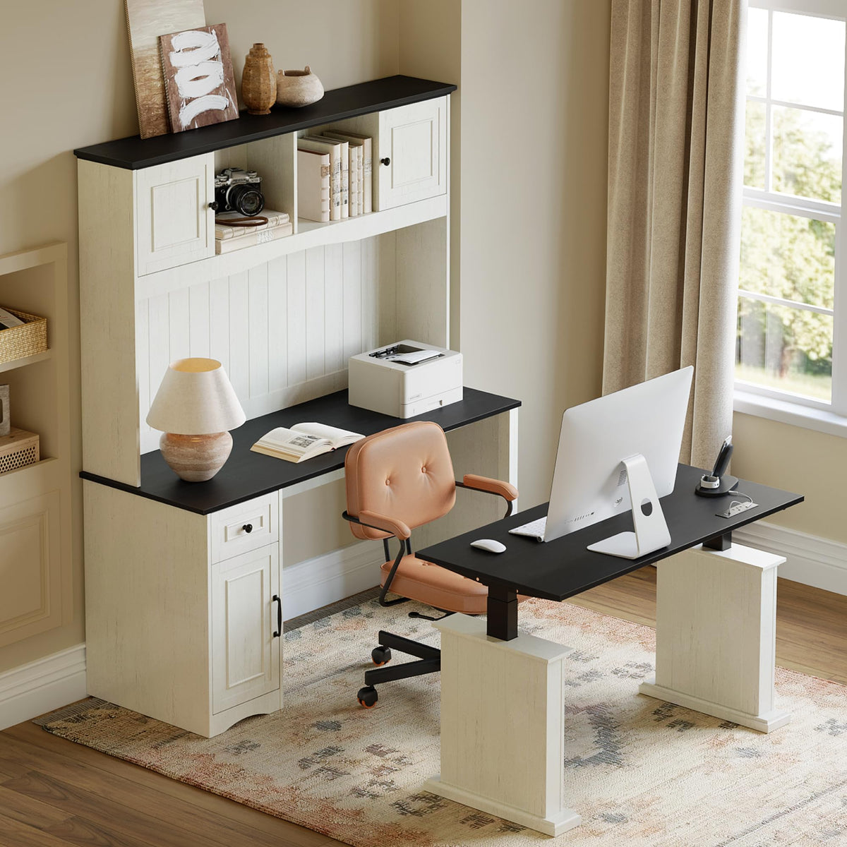 L Shaped Electric Standing Desk with Hutch and Drawers U377