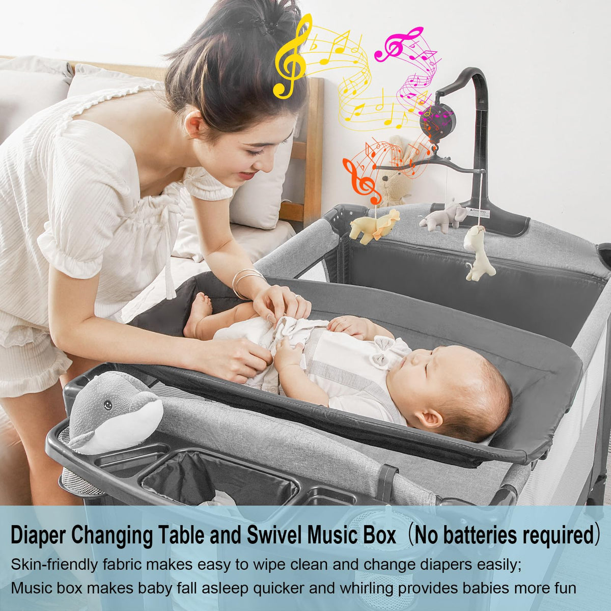 5-in-1 Pack and Play Baby Bassinet Bedside Sleeper Grey T3243