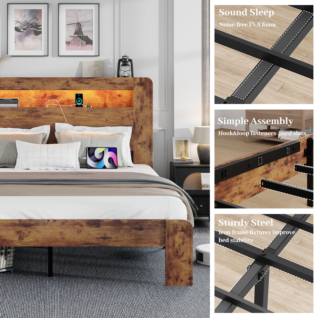 King Size Wooden Bed Frame with Storage Headboard and LED Lights L2752