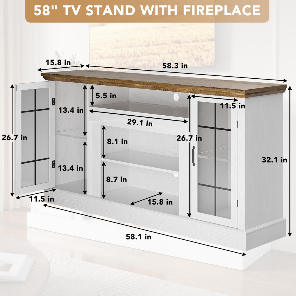 58" White TV Stand with Glass Door Storage Cabinet R6120
