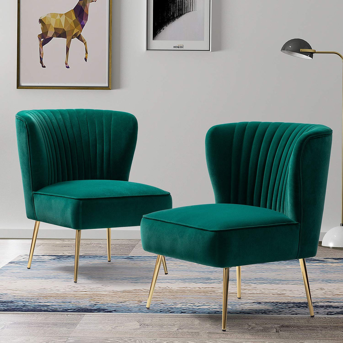 Velvet Accent Chair Set of 2 Emerald Green Wingback Armless Slipper Chair D921207