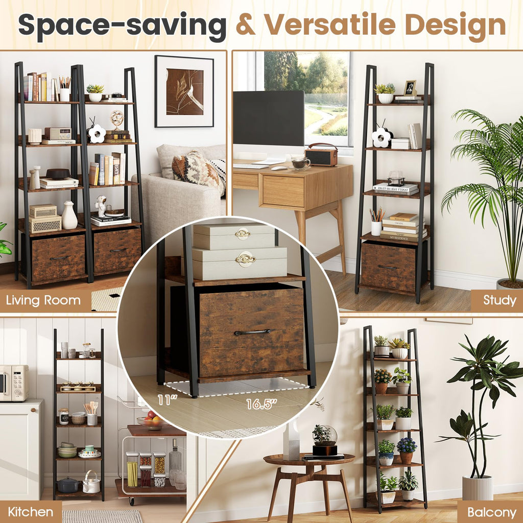 5-Tier Ladder Bookshelf Set of 2 Fabric Drawer M5525