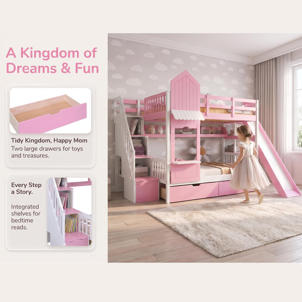 Twin Over Twin Bunk Bed with Slide, 2 Drawers & 3 Shelves S5544