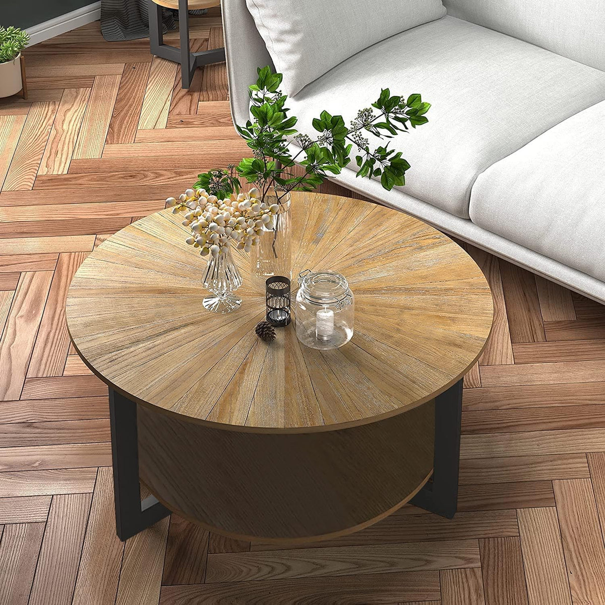 33.5" Round 2-Tier Wood Coffee Table with Storage T836