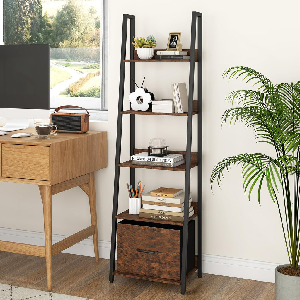 5-Tier Ladder Bookshelf Set of 2 Fabric Drawer M5525