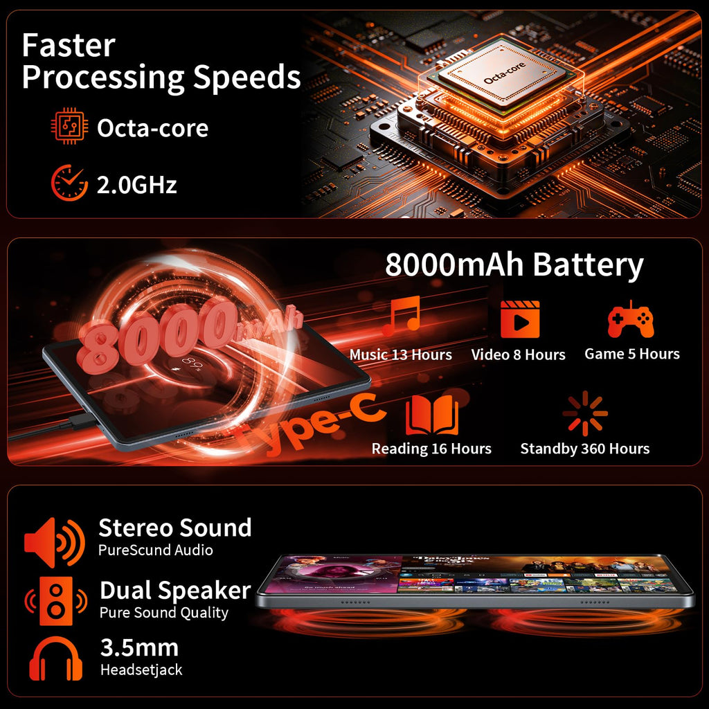 Black Android 16 Tablet with Keyboard D8301