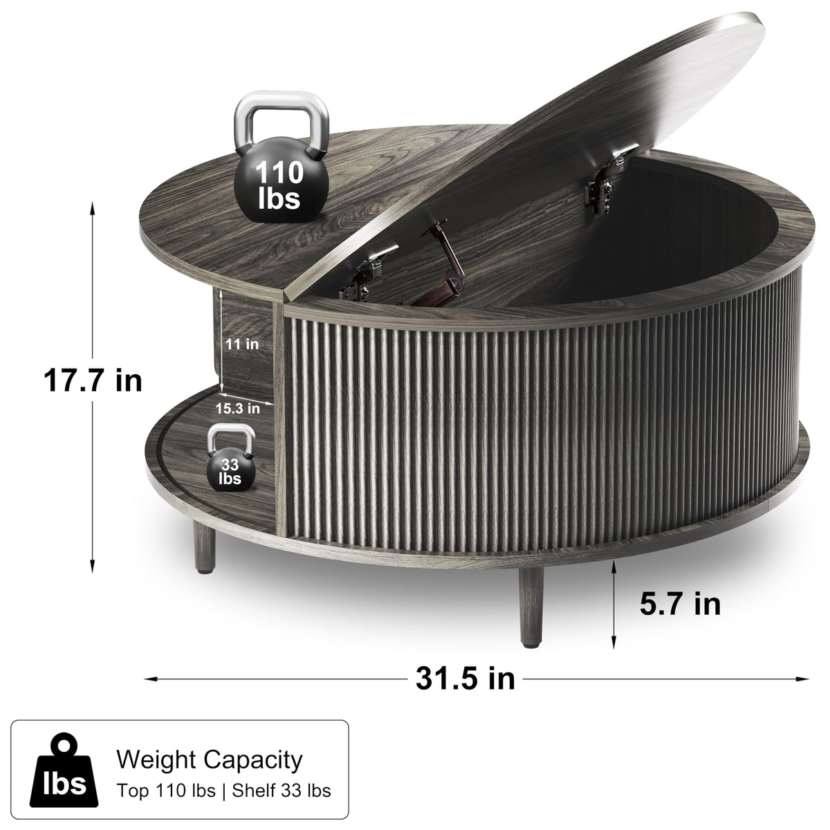 Round Coffee Table, 31.5" Lift-Top with Storage, Grey E406919