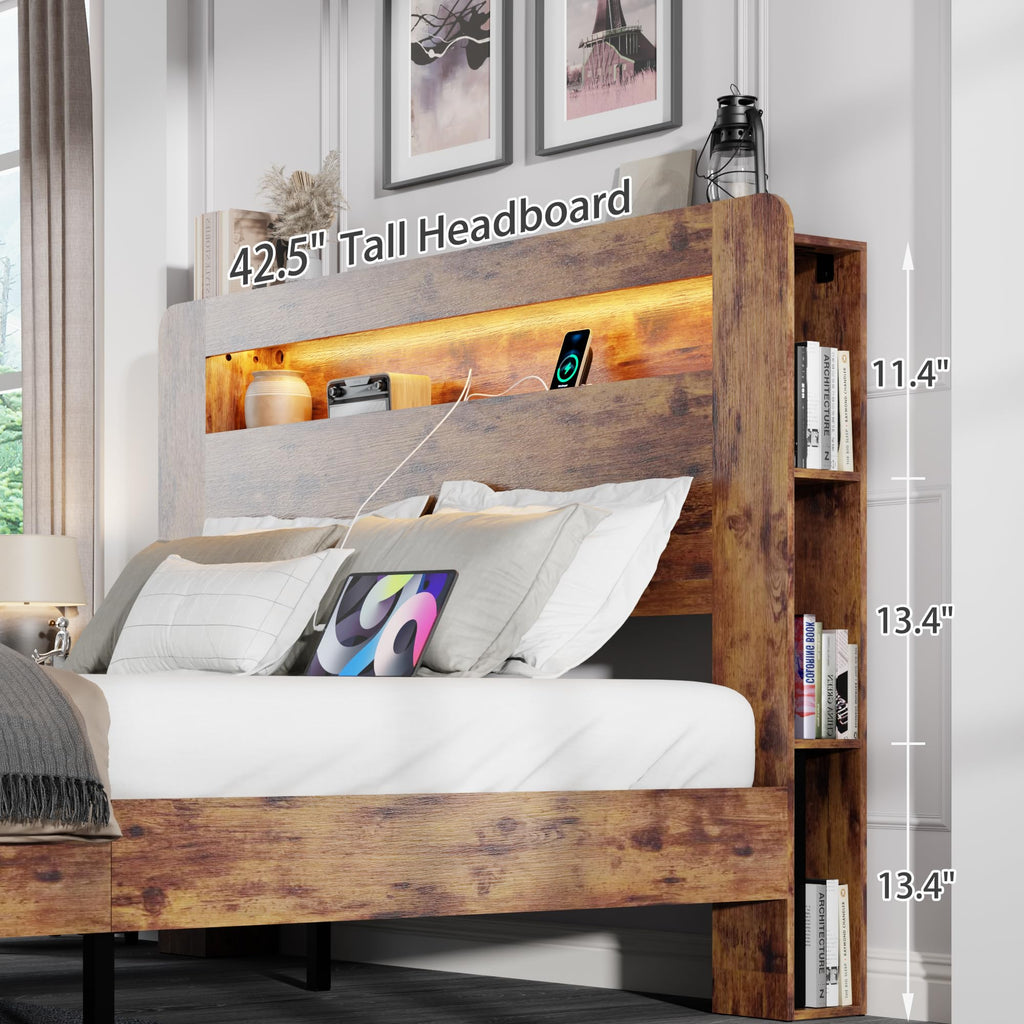 King Size Wooden Bed Frame with Storage Headboard and LED Lights L2752