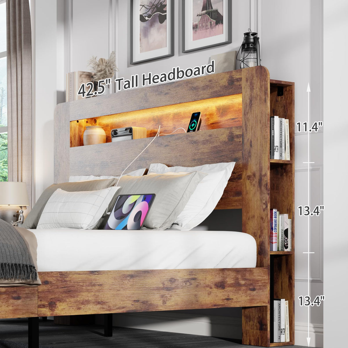 King Size Wooden Bed Frame with Storage Headboard and LED Lights L2752