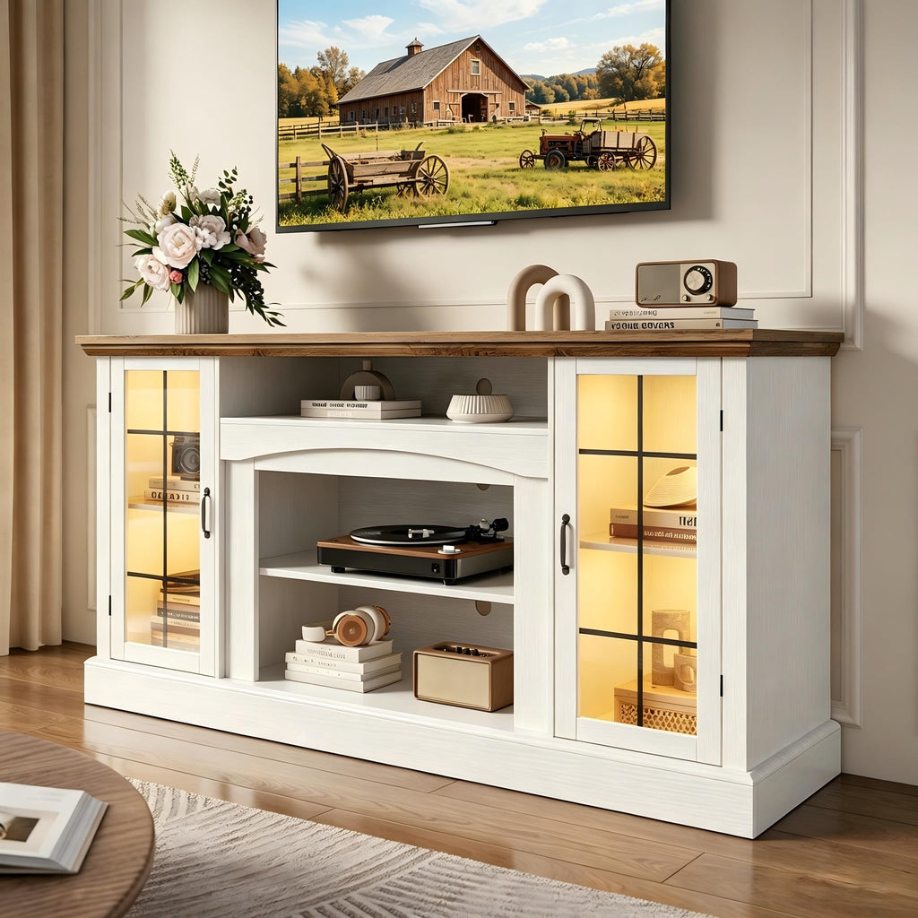 58" White TV Stand with Glass Door Storage Cabinet R6120