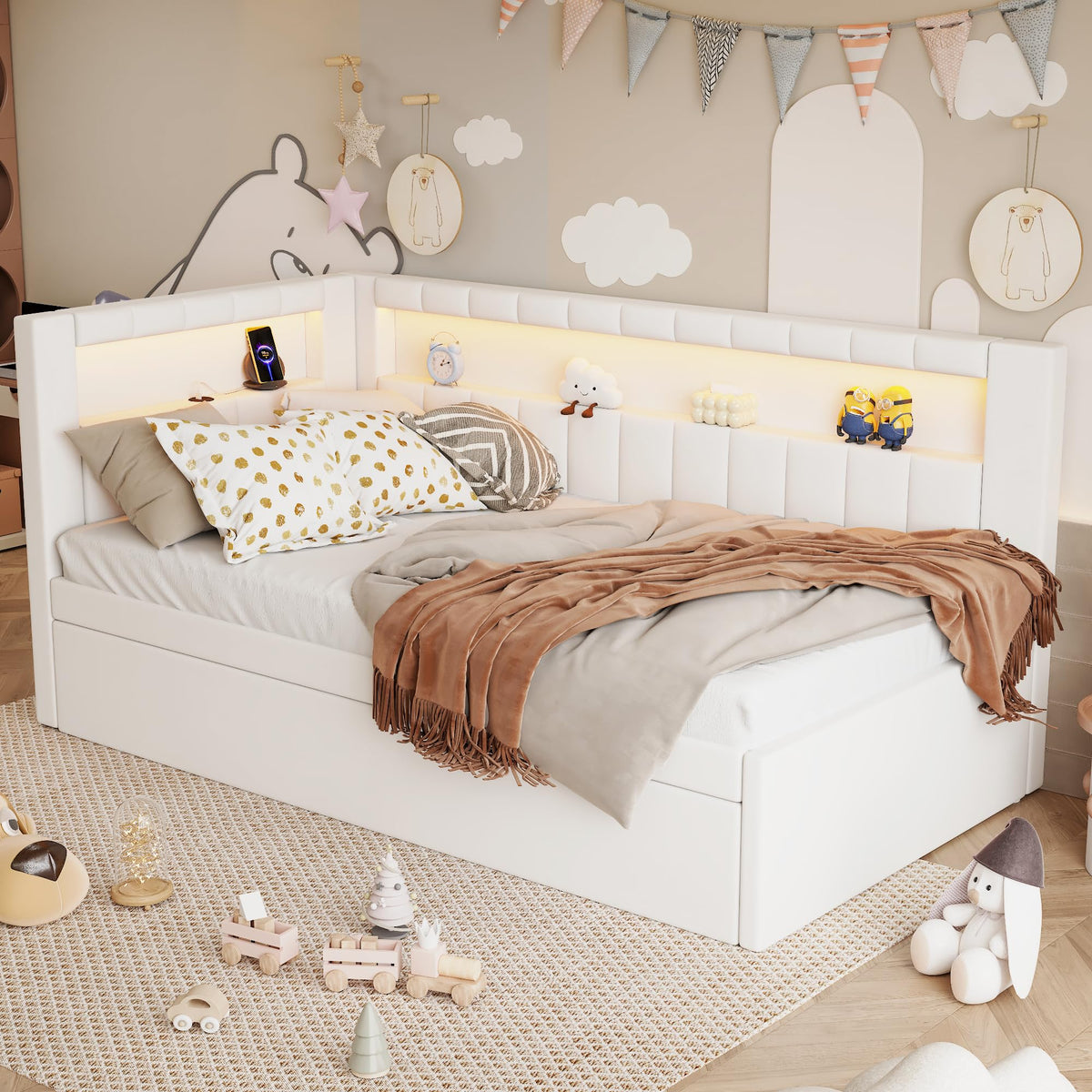 White Twin Size Upholstered Daybed with Trundle J3362