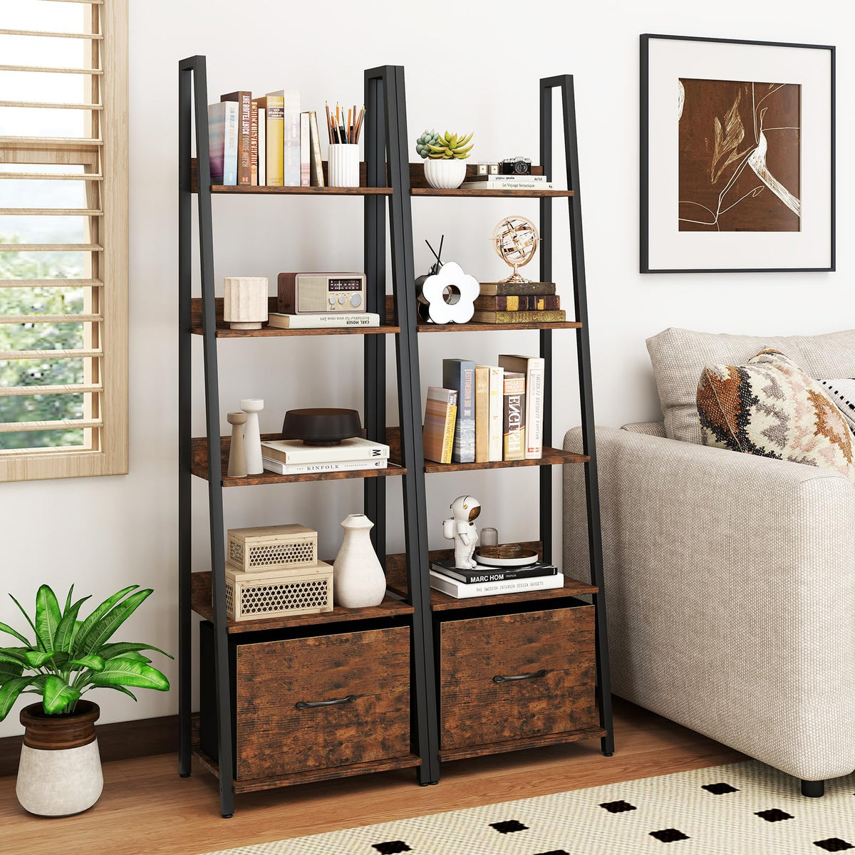 5-Tier Ladder Bookshelf Set of 2 Fabric Drawer M5525