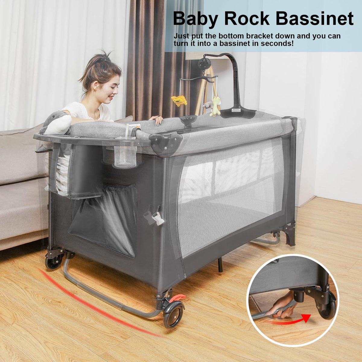 5-in-1 Pack and Play Baby Bassinet Bedside Sleeper Grey T3243