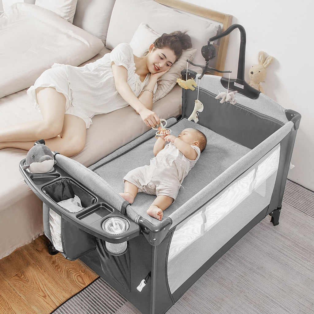 5-in-1 Pack and Play Baby Bassinet Bedside Sleeper Grey T3243