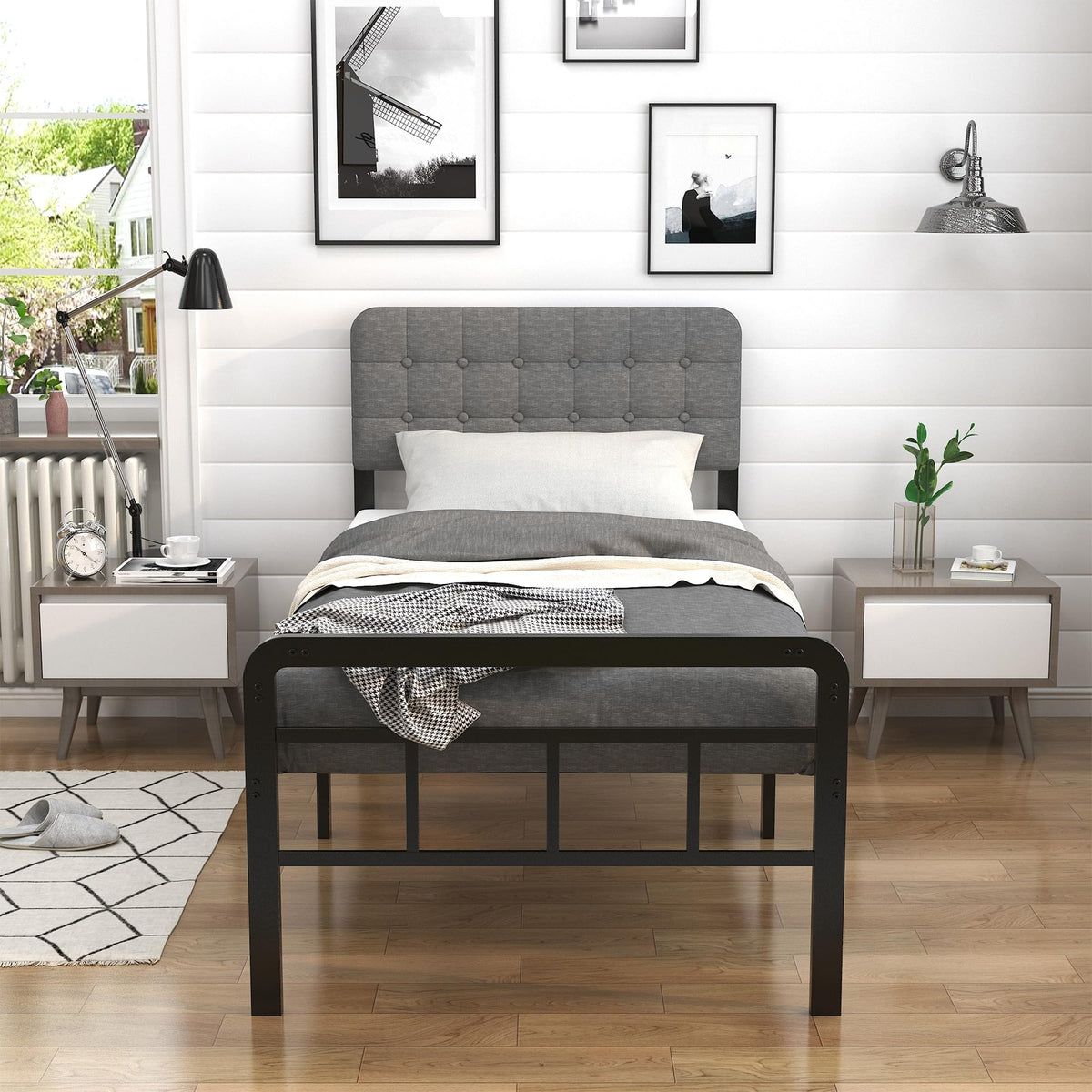 16 Inch Twin XL Upholstered Metal Bed Frame Z713