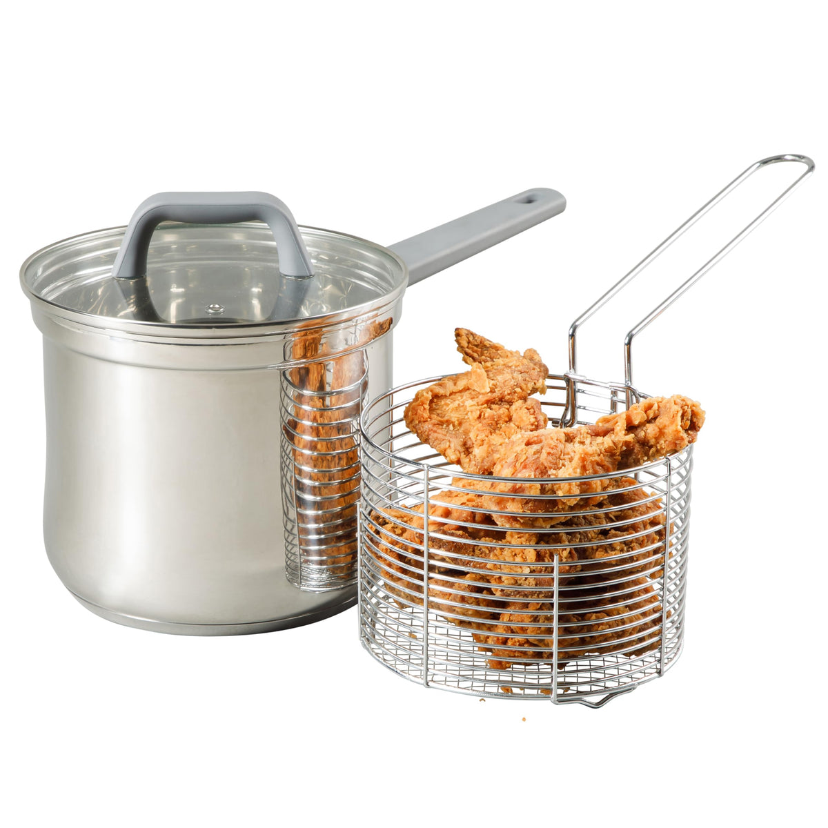 4-Quart Stainless Steel Deep Fryer Pot with Basket & Glass Lid V995