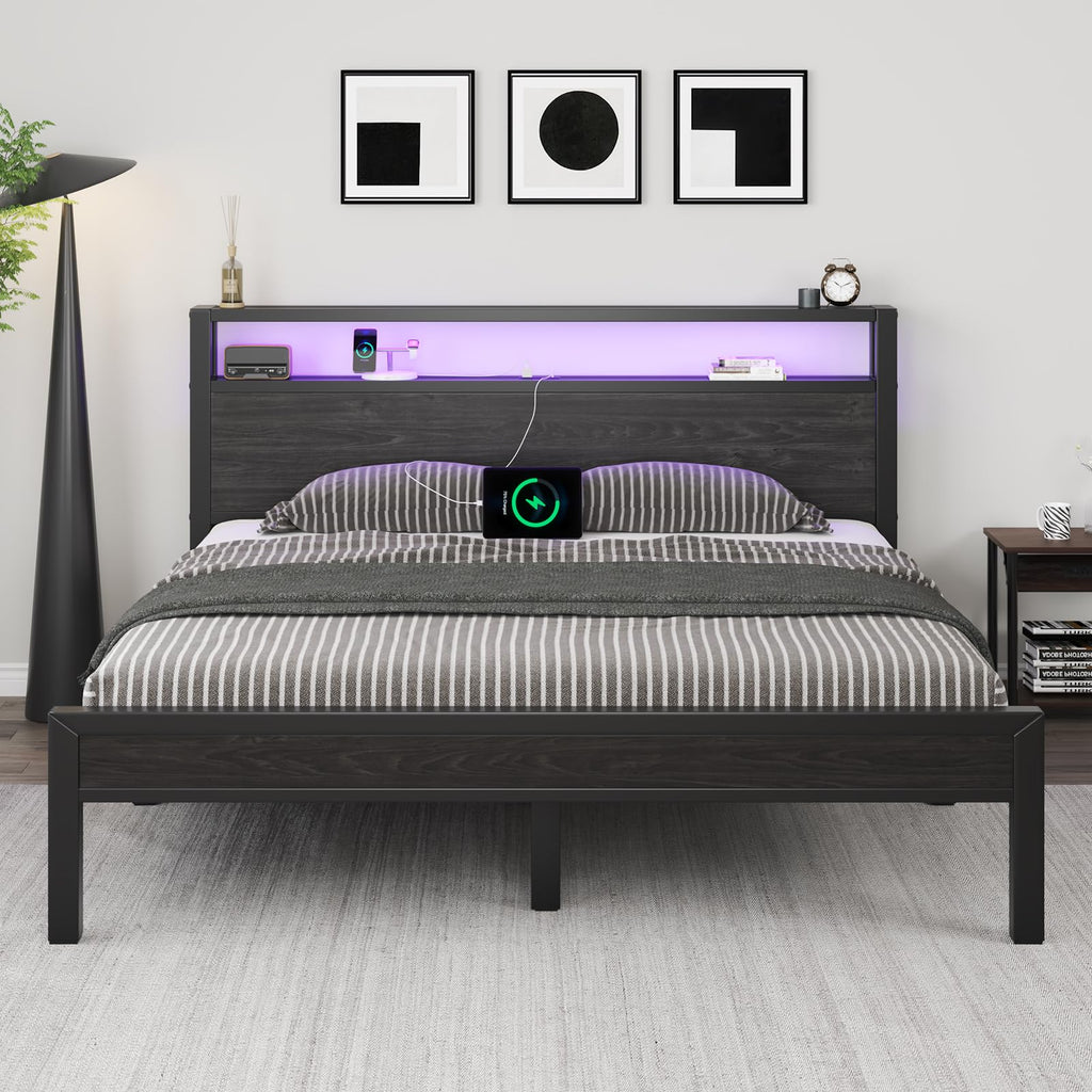 Full Size Bed Frame with Storage Headboard and LED Lights U314