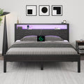 Full Size Bed Frame with Storage Headboard and LED Lights U314