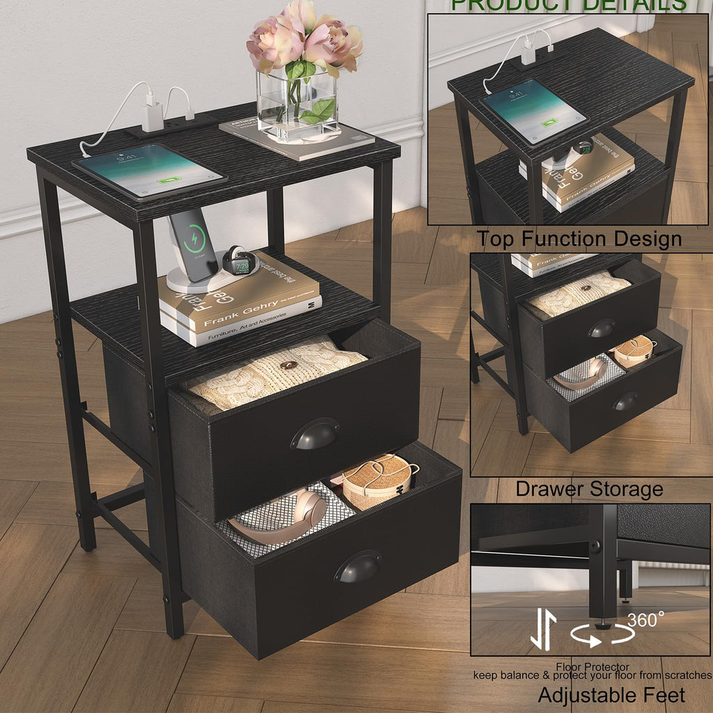 Black Nightstand with Charging Station and 2 Fabric Drawers R396214