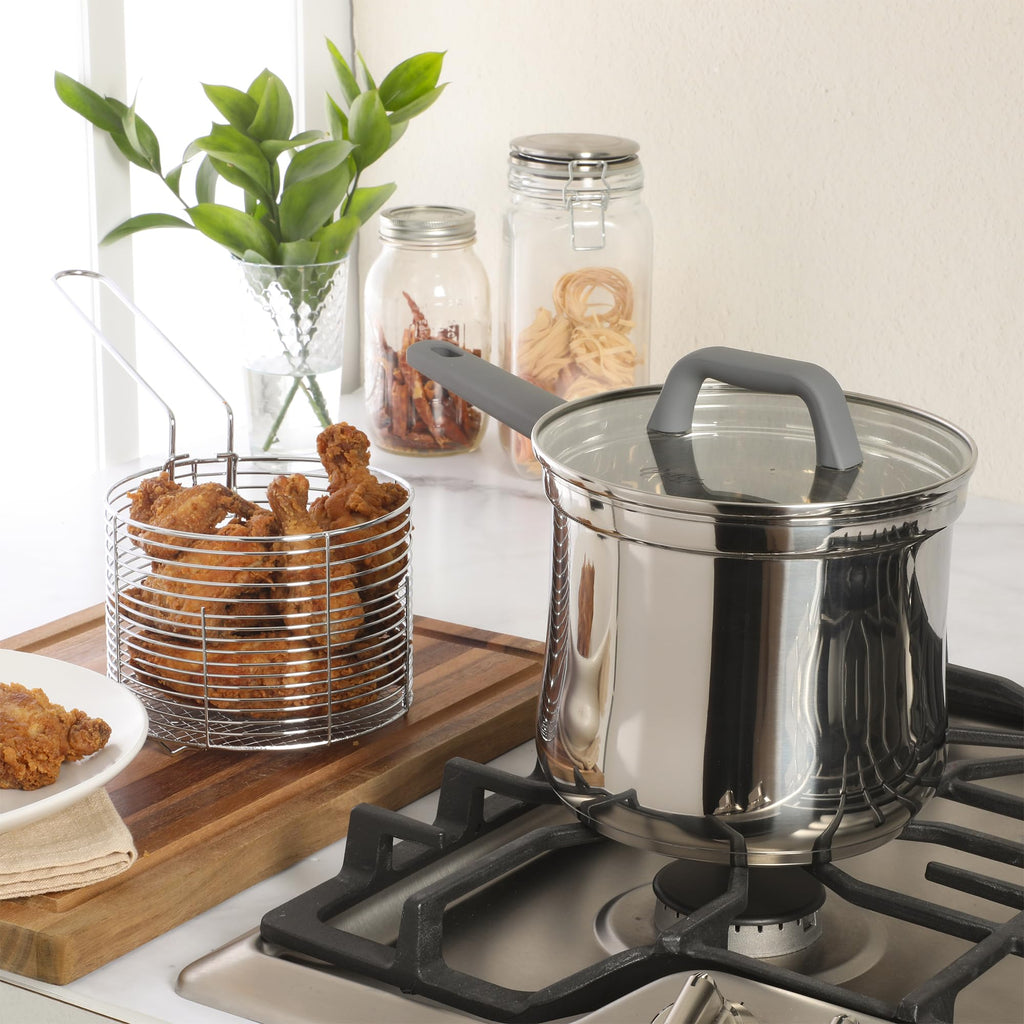 4-Quart Stainless Steel Deep Fryer Pot with Basket & Glass Lid V995